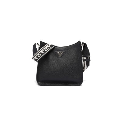 PRADA LOGO PEBBLED LEATHER HOBO BAG IN F0002 NERO 1BC073 (30*28*12cm) 